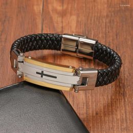 Charm Bracelets Retro Men's Stainless Steel Cross Leather Bracelet Size Length Fashion Jewellery Gift Raym22