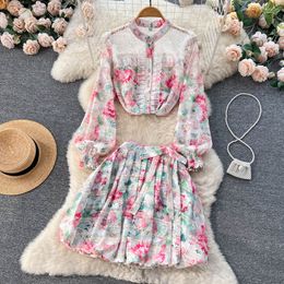 Two Piece Dress Summer Spring dress new women's fashion print embroidered panel lace set women's long sleeve shirt + pleated short skirt two-piece set 2023