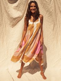 Summer Sexy Strap Boho Print A-Shape Slit Vacasion Square Neck Sleeveless Party Dress Cotton 2023 Women Beachwear Cover Up