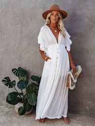 Sexy Bikini Cover-ups Long White Tunic Casual Summer Beach Dress Elegant Women Beach Wear Swim Suit Cover