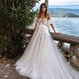Summer Beach Tulle Wedding Dresses With Puff Short Sleeves Illusion Sweetheart Neck Lace Appliques Corset A Line Long Boho Bridal Gowns