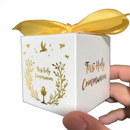 Gift Wrap Kids Boy Girl First Holy Communion Party Favour Bronzing Mini Candy Box White Square 6cm Folded 2050100pcs 230621