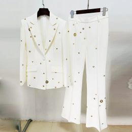 Women's Two Piece Pants 2 piece Set White Formal Pant Sets Newest Hot Single Button Long Sleeve Blazer Jacket Wide Leg Pants Ladies Elegant C1039