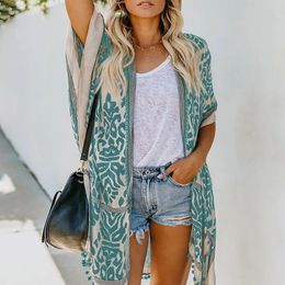 Womens Boho Printed Kimono Beach Cover Up Fashionable Summer Open Front Loose Cardigan Top With Tassel Thin Jumper Tops