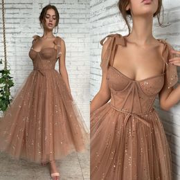 Fashion Brown Dresses Spaghetti Prom Party Gown Ankle Length Homecoming Dress A Line