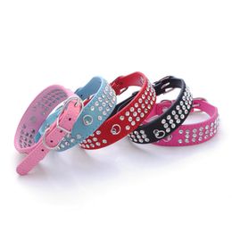 Personalised Length Suede Skin Jewelled Rhinestones Pet Dog Collars Three Rows Sparkly Crystal Diamonds Studded Puppy Dog Collar dh8651