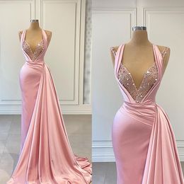 Pink Glitter Prom Dress Sequins Sleeveless Pleats Evening V Neck Fashion Party Red Carpet Dresses Custom Made