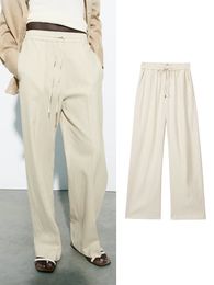 2023 Pants Women Linen Wide Leg Pants Woman Casual Summer Women's Pants Streetwear Lace Up Elastic Waist
