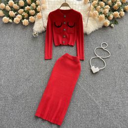 Two Piece Dress Sexy Sweater Cardigan Jacket Long Skirt Two Piece Set Women Small fragrance Temperament Crop Top Bodycon Skirt Knitted Suit Female 2023