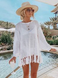 Bikini Cover Up Tassel Beach Dresses and Tunics Knitted Long Sleeve Solid Candy Colours Crochet Bathing Suits Vestido