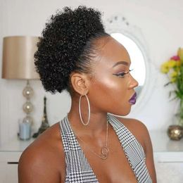 African american short afro puff ponytail kinky curly draw string ponytail extension 120g