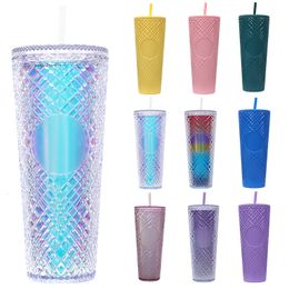 Water Bottles 710ML Diamond Radiant coffee cup With Lid and Straw Mug Tumbler Cup Double Layer Plastic Coffee Large Capacity 230621