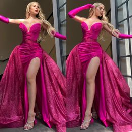 Fashion Rosy Pink Prom Dresses Sweetheart Pleats Evening Gowns Slit Overskirts Formal Red Carpet Long Special Ocn Party Dress