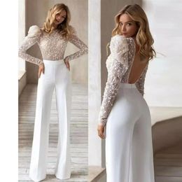 White Wedding Dress Jumpsuit For Women Backless Pants Set For Brides Sparkle Long Sleeve Bridal Dresses Robe Party Vestido De Novi236o