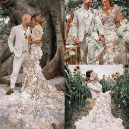 Champagne Mermaid Wedding Dresses Lace 3D Floral Appliqued Hollow Back Half Long Sleeves Boho Dress Beach Plus Size Bridal Gowns C250c