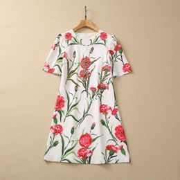 2023 Summer White Floral Print Beaded Dress Short Sleeve Round Neck Rhinestone Short Casual Dresses S3L090608