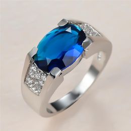 Wedding Rings Luxury Royal Blue Stone Big Oval Engagement For Men Silver Colour Vintage Zircon Bands Male Party Finger Jewellery CZ