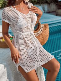 Summer Bikini Cover Up for Women Beach Dress 2023 Fashion New White Sexy Knitted Split Crochet Backless Hollow Out Loose