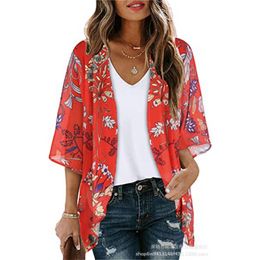 2023 Summer Women's Short Sleeved Floral Kimono Cardigan Chiffon Loose Beach Blouse Top Ladies Swim Wear and Cover Up