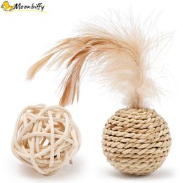 2pcs Cat Toy Pet Rattan Ball Cat Toy Funny Faux Feather Cat Bell Ball Kitten Playing Interactive Ball Toys Pet Supplies