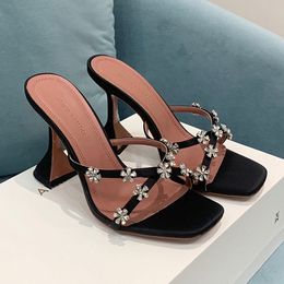 Amina Muaddi crystal flower embellished strap slippers mules Evening shoes Rhinestone Satin heeled open toe shoes cross belt women's luxury designer outsole sandal