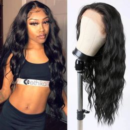 Long Black Wavy Wig Curly Wigs Middle Part Synthetic Lace Front Wigs 22 Inches for Black Women