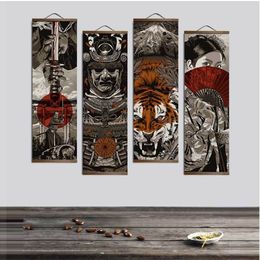 Paintings Japanese Samurai Ukiyoe Tiger Canvas Poster Pictures for Living Room Home Decor Painting Wall Art with Solid Wood Hanging Scroll 230621