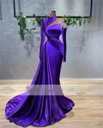 Veet Mermaid Purple Formal Evening Dresses O Neck Beaded Plus Size Sleeves Saudi Arabic Long Prom Party Gowns 0505