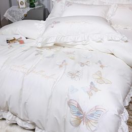 Conjuntos de cama borboleta bordado conjunto branco luxo algodão egípcio princesa casamento sólido colcha/capa de edredom lençol fronhas