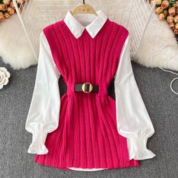 Kadın Sweaters Bahar Sonbahar Kore Moda Gündelik Fener Kollu Beyaz Gömlek Örme Kemer Yelek İki Parçalı Setler Kadın Kolsuz Kazak Yelek Top 2023