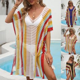 Knitted Beach Tunic for Woman Swim Cover Up String Split Beachwear Crochet Swimsuit Cover-ups Stripped Pareo 2023 Bathing