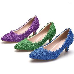 Dress Shoes Lace Wedding 5cm Low Heel Bride Bridesmaid Pumps Pointed Toe Lady Girl Adult Ceremony Shoe