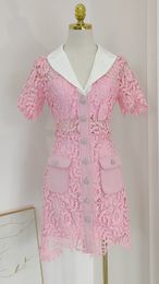 Casual Dresses 2023 Spring Autumn High-end custom Lace Short Dresses for Women Sweet Pink Hollow out Pearl Single-breasted Cardigan Dress Pocket Vesttidos