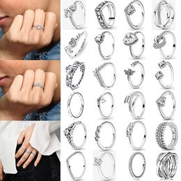 925 Sterling Silver New Fashion Women's Ring Original Crown Love Skew Bone Engagement Silver Crystal Ring Suitable for Original Pandora, A Special Gift for Women