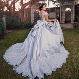 Silvery Off Shoulder Satin Beading Lavender Quinceanera Dresses Ball Gown Appliques Lace Crystal Corset Vestidos De xv