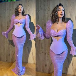 Glamorous Purple Evening Dress Mermaid Sequined Prom Gowns Bling Long Sleeve Party Dresses Custom Made