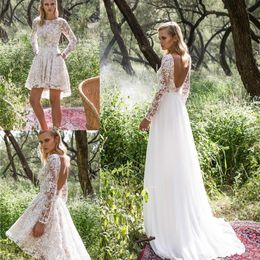 Vintage Lace Wedding Dresses with Detachable Skirt Long Sleeve Beaded Appliques Knee Length Wedding Dress A Line Backless Bridal G221t