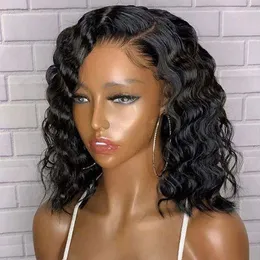 Loose Deep Wave Lace Frontal Wig Short Bob Human Hair Wigs 180% Density Deep Curly Brazilian Remy Pre-plucked Glueless Wig