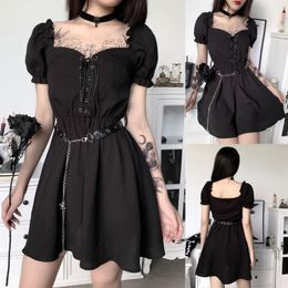 Casual Dresses Sweet Kawaii Black Mini Dress Women Korean Style Wrap Puff Sleeve Short 2023 Summer Sundress Robes Female