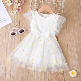 Girl Dresses Kids Dress Princess Veil Casual Summer Daisy Print Round Neck Sleeveless Mesh Stitching