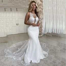 Sexy Mermaid Wedding Dresses 2021 Scoop neck Lace Appliques Bridde Dress Open Back Country Bridal Gown Vestido de novie299P