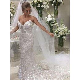 Sparkle White Sequin Strapless Sexy Mermaid Wedding Dresses 2020 Luxury Plus Size illusion Wedding Dress Bridal Gowns Vestidos De 318L