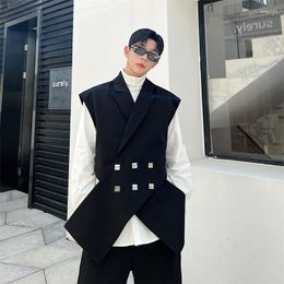 Men's Vests Metal Button Crossover Design Suit Vest Gilet Homme Mens Street Fashion Shoulder Padded Sleeveless Jacket Waistcoat