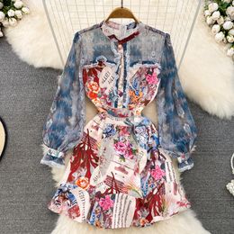 Casual Dresses A Line 2023 Spring Summer Gorgeous Flower Mesh Patchwork Floral Letters Print Short Dress Women Long Sleeve Ruffles Mermaid Vestidos