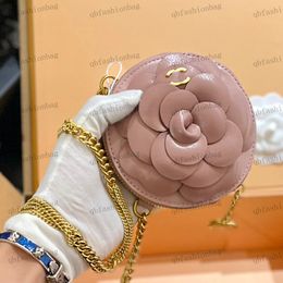 Designer Ladies Round Cake Makeup Bag Leather Three-Dimensional Camellia Hardware Metal C Button Small Pendant Classic Gold Chain Crossbody Bags Handbag 12cm