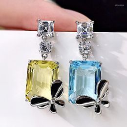 Stud Earrings Butterfly 925 Sterling Silver Emerald Cut 8 10MM Square Blue Topaz High Carbon Diamond Gemstone Dangle Fine Jewellery