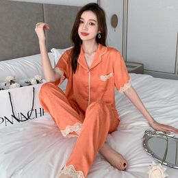 Women's Sleepwear Jxgarb Summer Short Sleeve With Trousers Two Pieces Ice-silk Women's Pyjamas Set Elegant Lace Trim Jacquard Casual