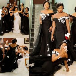 2023 African Black Mermaid Bridesmaid Dresses White Lace Appliques Overskirts Wedding Guest Dress Off the Shoulder Maid of Honor Gowns