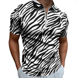 Men's Polos Black And White Zebra Casual T-Shirts Stripes Print Polo Shirt Zipper Vintage Mens Custom Clothes Plus Size 5XL 6XL