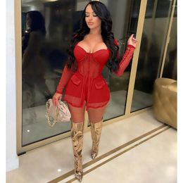 Women's Blouses 2023 Women's Suit Strapless Mesh Stiching Full Sleeve Long Coat Tops And Biker Shorts Spring Tracksuit Transparent 2